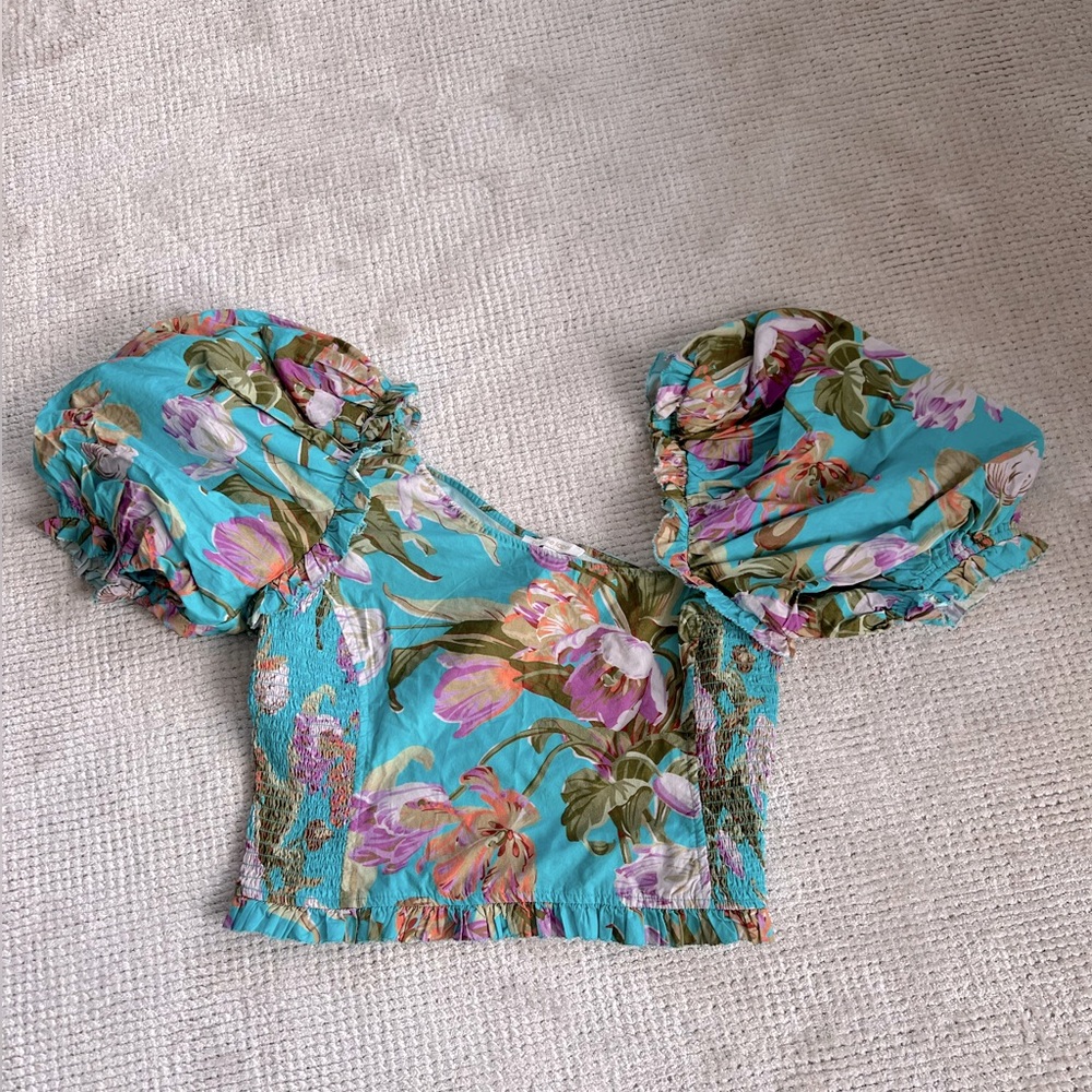 Anthropologie Love The Label Floral Puff-Sleeve Blouse Topanga Turquoise,size M